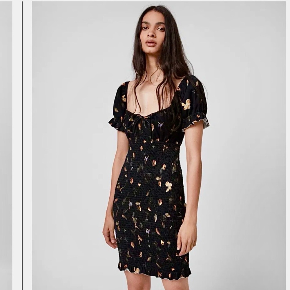 AllSaints Black Floral Smocked Mini Dress